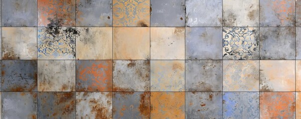 Wall Mural - Old brown gray vintage shabby patchwork motif tiles stone concrete cement wall texture background banner. panorama, Generative AI