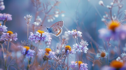 Wall Mural - A butterfly is flying over a field of flowers