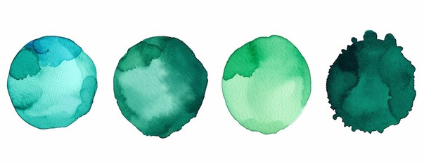 Poster - Set of colorful different shades of green turquoise colors watercolor aquarelle circles splash points hand drawing illustration, isolated on white, Generative AI