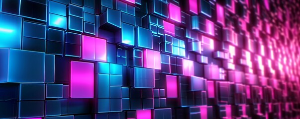 Sticker - Abstract geometric pink blue neon light 3d texture wall with squares and square cubes background banner illustration with glowing lights, textured wallpaper (Generative, Generative AI