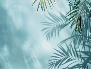 Wall Mural - A blue background with a leafy green palm tree and its shadow