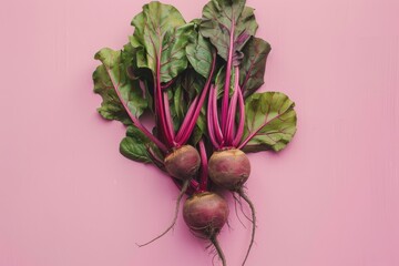 Wall Mural - Fresh Beets With Greens on Pink Background