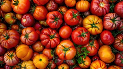 Wall Mural - Freshly picked tomatoes piled together, showcasing various shapes and sizes