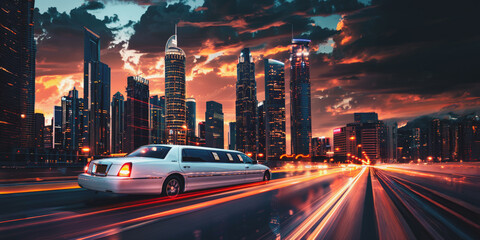 Wall Mural - White limousine driving through modern city at sunset