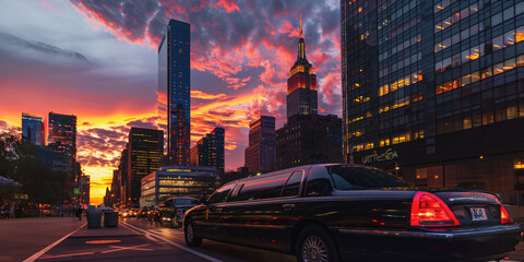 Wall Mural - Black limousine on busy city street during sunset