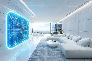 A sleek, white modern living room with large windows and a futuristic blue glowing screen displaying digital data