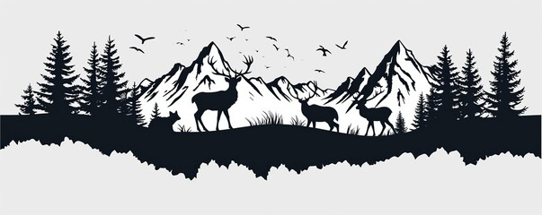 Black silhouette of wild forest animals mountains and forest fir trees camping landscape panorama illustration icon  for logo, isolated on white background, Generative AI