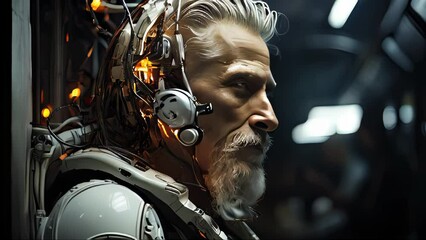 Poster - Robot and human face. Concept of artificial intelligence and cybersecurity