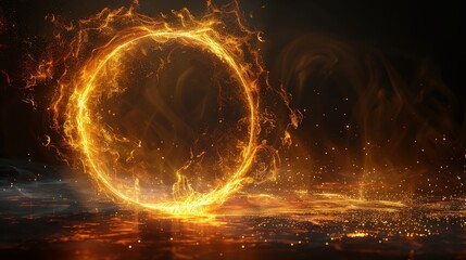 A golden ring engulfed in flames and emitting shimmering sparks on a dark field