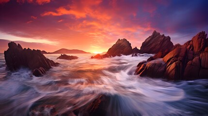 Long exposure of sea waves crashing against the rocks at sunset in summer
