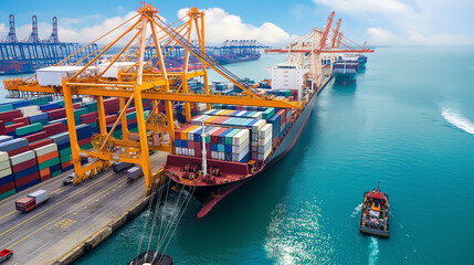 A busy port with cranes loading and unloading containers from massive cargo ships