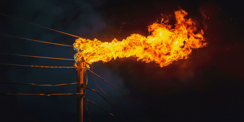 Electro rig tower with blazing flames at night