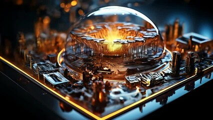 Poster - Close-up of electronic circuit board with glowing lights. Technology background