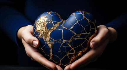 Wall Mural - one hand holds a blue and white cracked porcelain heart with gold repair. Japanese kintsugi. tradition and asian art. craft