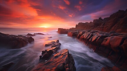 Long exposure panorama of a beautiful sunset over the rocks at the beach