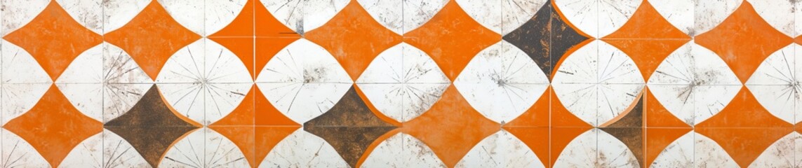 Sticker - Old orange white vintage shabby patchwork motif tiles with circles round oval rhombus diamond ptint stone concrete cement wall texture background banner, Generative AI