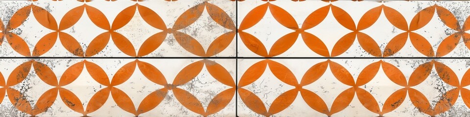 Sticker - Old orange white vintage shabby patchwork motif tiles with circles round oval rhombus diamond ptint stone concrete cement wall texture background banner, Generative AI