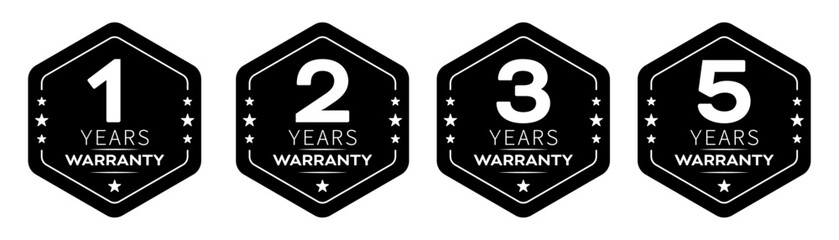 Aufkleber - 1, 2, 3 and 5 years warranty in hexagon in black color vector product quality sticker. Warranty sticker set in hexagon unique style.