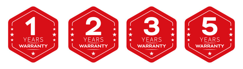 1, 2, 3 and 5 years warranty in hexagon in red color vector product quality sticker. Warranty sticker set in hexagon unique style.