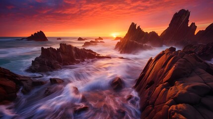 A panoramic view of a beautiful sunset over a rocky beach