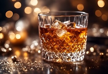 AI generated illustration of a whiskey glass on table with festive decor and twinkling lights