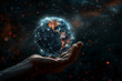 © HASAN - A 3D rendering depicts a hand holding the Earth, with intricate digital connections forming a sphere around it, all set against a dark background