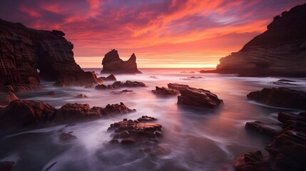 Panoramic view of a beautiful sunset over the ocean with waves crashing on the rocks.