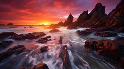 Beautiful seascape at sunrise. Panoramic image.