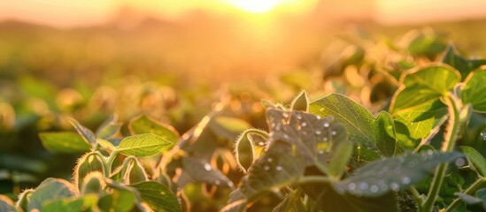 Wall Mural - Soybeans in a field, captured in a stunning close-up as the sun sets on a summer evening.