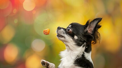 Black and white Chihuahua springing up to catch a treat, colorful background.
