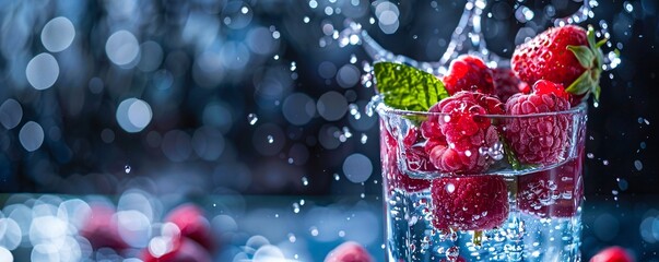 Wall Mural - Fresh raspberries and a strawberry making a splash in a glass of water with a mint leaf