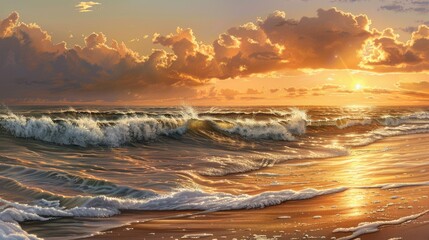 Poster - Elegant sunset with curved ocean waves, golden sky, and peaceful beach setting.