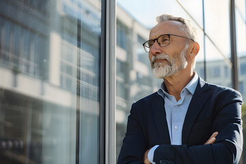 Wall Mural - Confident senior businessman standing outside a modern office building, looking thoughtful and reflective. Professional and successful executive in an urban environment.