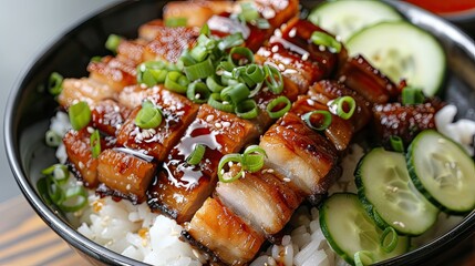 Wall Mural - Neatly arranged crispy pork belly on steamed rice, drizzled with savory soy sauce, topped with green onions and cucumber slices.