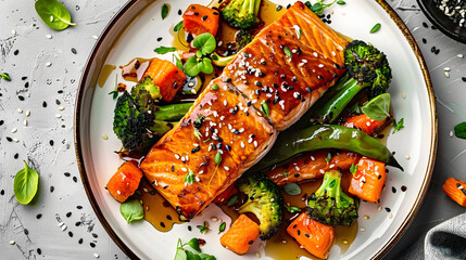 Wall Mural - Close up overhead view of a plate showing salmon coated in honey soy glaze with fresh vegetables