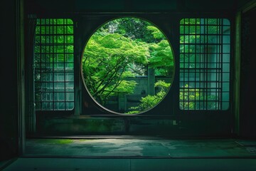Canvas Print - photo of japanese round window with green trees, inside view, dark room,