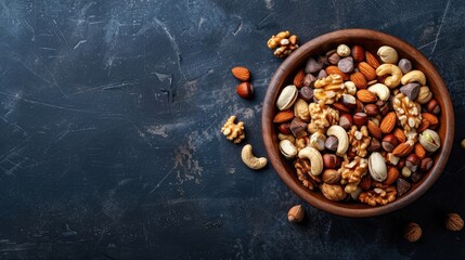 Photo of Nuts mix in wooden bowl on dark background, top view with copy space concept for healthy food and drink advertising
