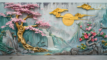 Wall Mural - Volumetric stucco molding on a concrete wall with golden elements, Japanese landscape, waterfall, mountains, sakura colorful
