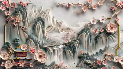 Wall Mural - Volumetric stucco molding on a concrete wall with golden elements, Japanese landscape, waterfall, mountains, sakura colorful
