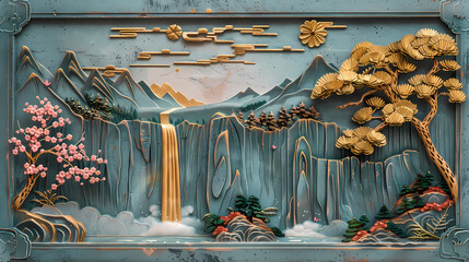 Wall Mural - Volumetric stucco molding on a concrete wall with golden elements, Japanese landscape, waterfall, mountains, sakura colorful
