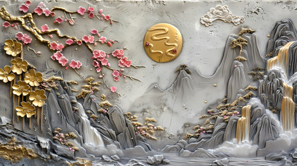 Sticker - Volumetric stucco molding on a concrete wall with golden elements, Japanese landscape, waterfall, mountains, sakura colorful
