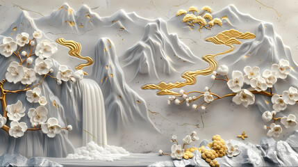 Wall Mural - Volumetric stucco molding on a concrete wall with golden elements, Japanese landscape, waterfall, mountains, sakura colorful
