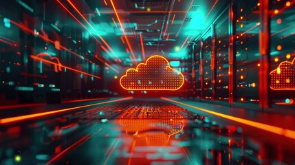 Cloud computing technology with glowing effects, 3D rendering, video footage.