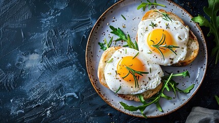 Soda poached eggs on toast with rosemary and arugula, top view, dark blue background, food photography, delicious breakfast, vintage plate, rustic kitchen setting, warm natural light, flat lay.