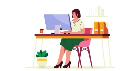 Poster - office worker at desk. happy woman company employee or entrepreneur performs tasks on computer in he