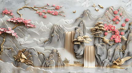 Wall Mural - colorful Volumetric stucco molding on a concrete wall with golden elements, Japanese landscape, waterfall, mountains, sakura.