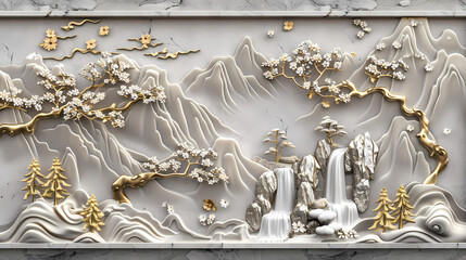 Sticker - colorful Volumetric stucco molding on a concrete wall with golden elements, Japanese landscape, waterfall, mountains, sakura 