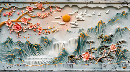 Wall Mural - colorful Volumetric stucco molding on a concrete wall with golden elements, Japanese landscape, waterfall, mountains, sakura 