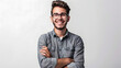 © Prasanth - Portrait of young handsome smiling business guy wearing gray shirt and glasses, feeling confident with crossed arms, isolated on white background