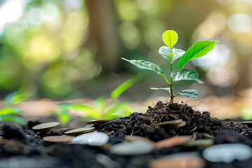 Coins Sprouting Plant A green plant growing on top